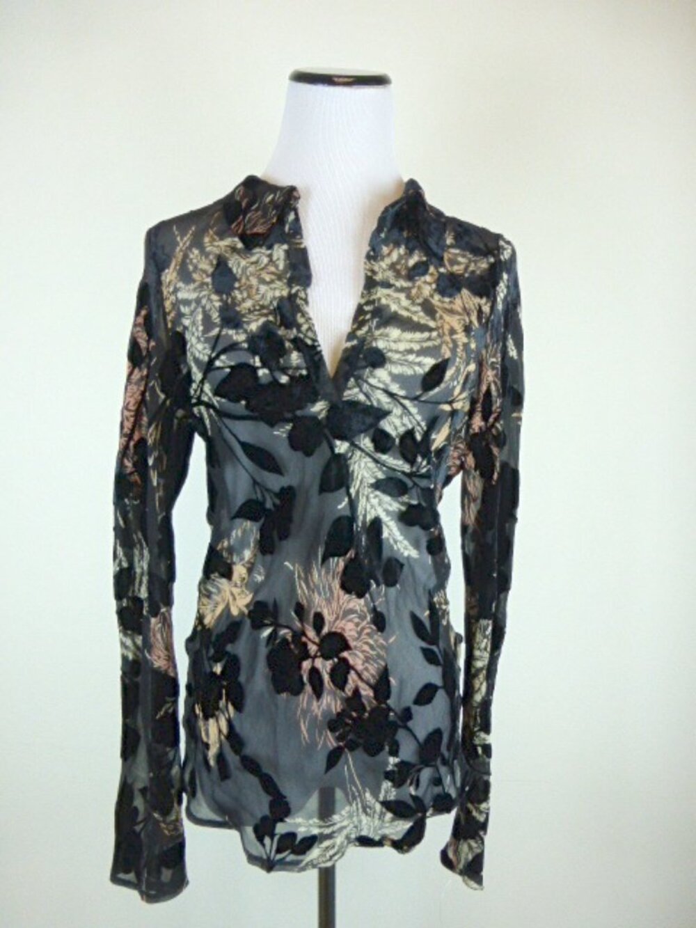 Scanlan Theodore silk tunic velvet semi sheer long sleeve print top 8 runs small